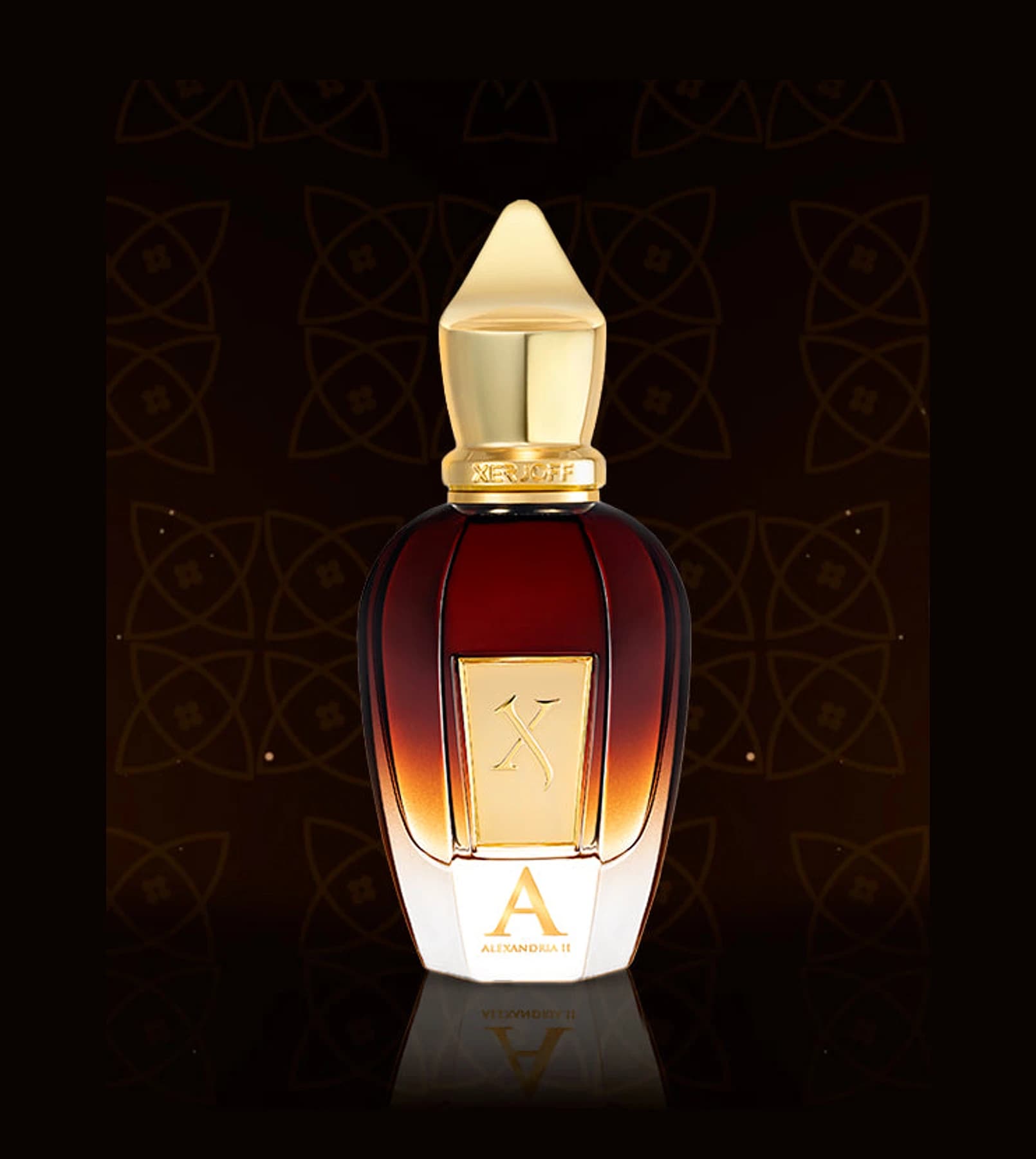 Xerjoff Alexandria II — the official editorial still, deep burgundy glass and gold crest